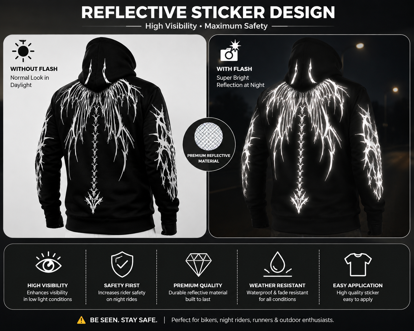 Armored Motorcycle Hoodie with Reflective Dragon Wings Print