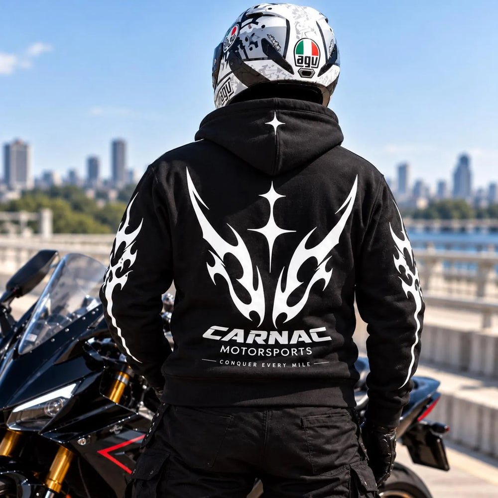 Armored Motorcycle Hoodie with Reflective Tribal Vortex Print, CE Level 2