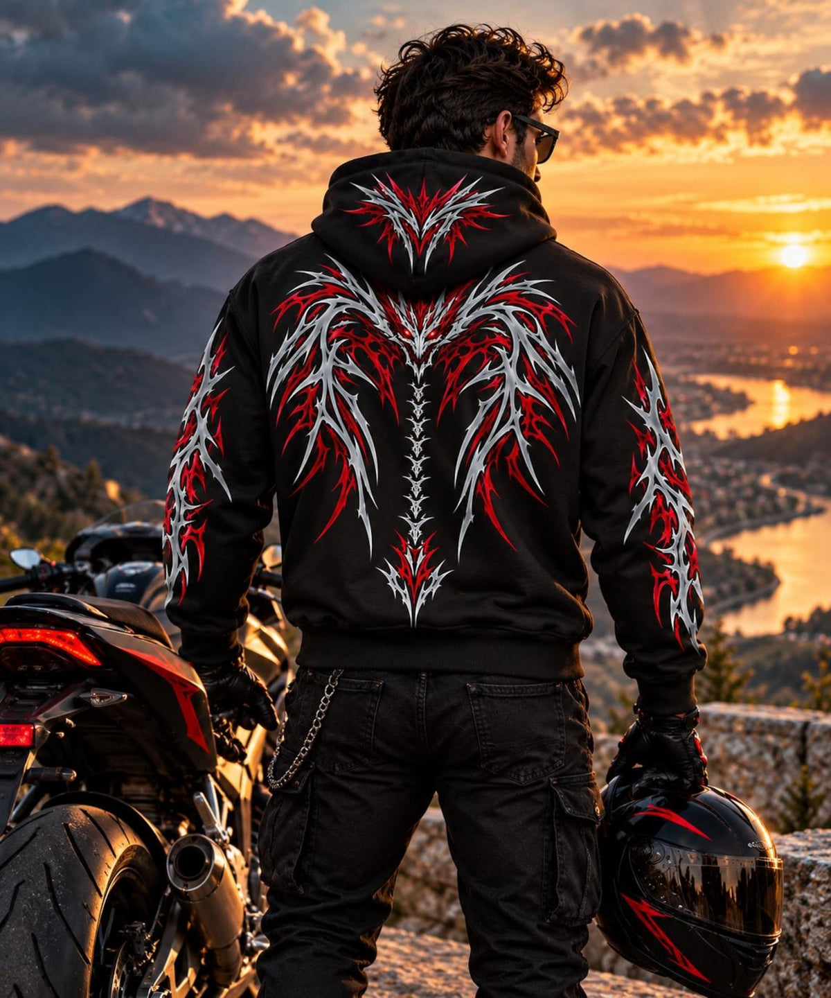 CE Level 2 Armored Motorcycle  Reflective Hoodie with Red Gothic Dragon Wing Print