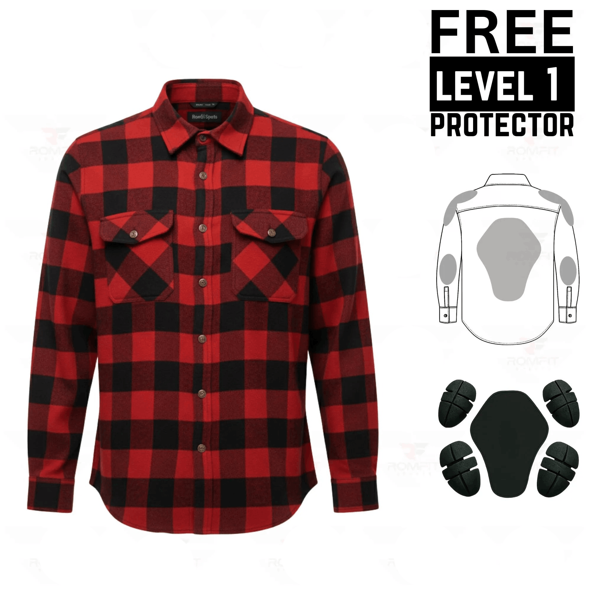 Men's Kevlar-Lined Flannel Motorcycle Riding Shirt in Red with Armor