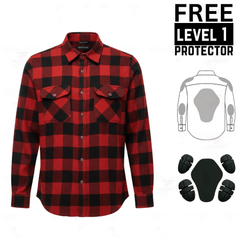 Men's Kevlar-Lined Flannel Motorcycle Riding Shirt in Red with Armor