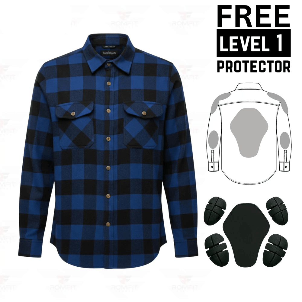 Men's Kevlar-Lined Flannel Motorcycle Riding Shirt in Blue with Armor