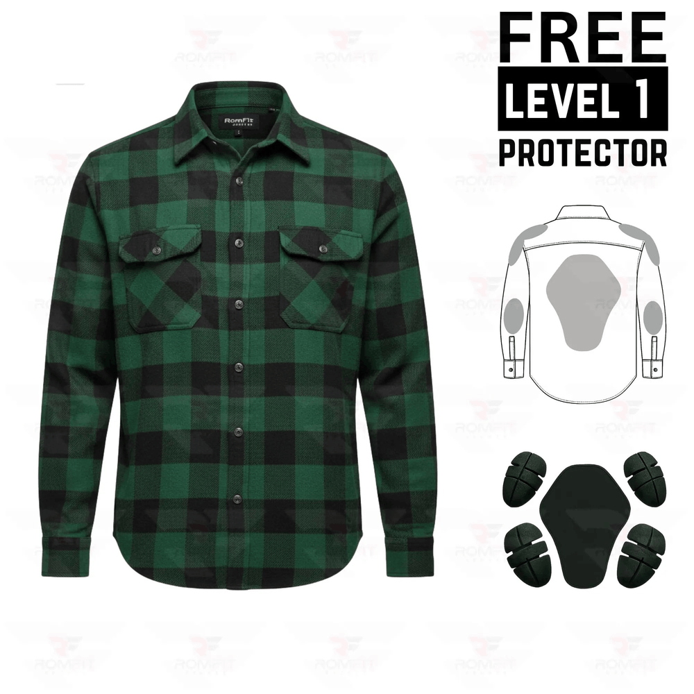 Kevlar-Lined Motorcycle Flannel Shirt in Dark Green