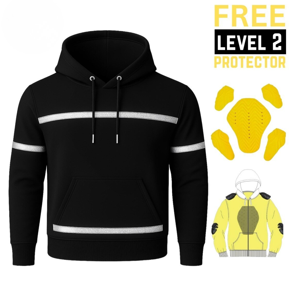 Kevlar Lined Pullover Motorcycle Hoodie in Black with Reflective Stripes