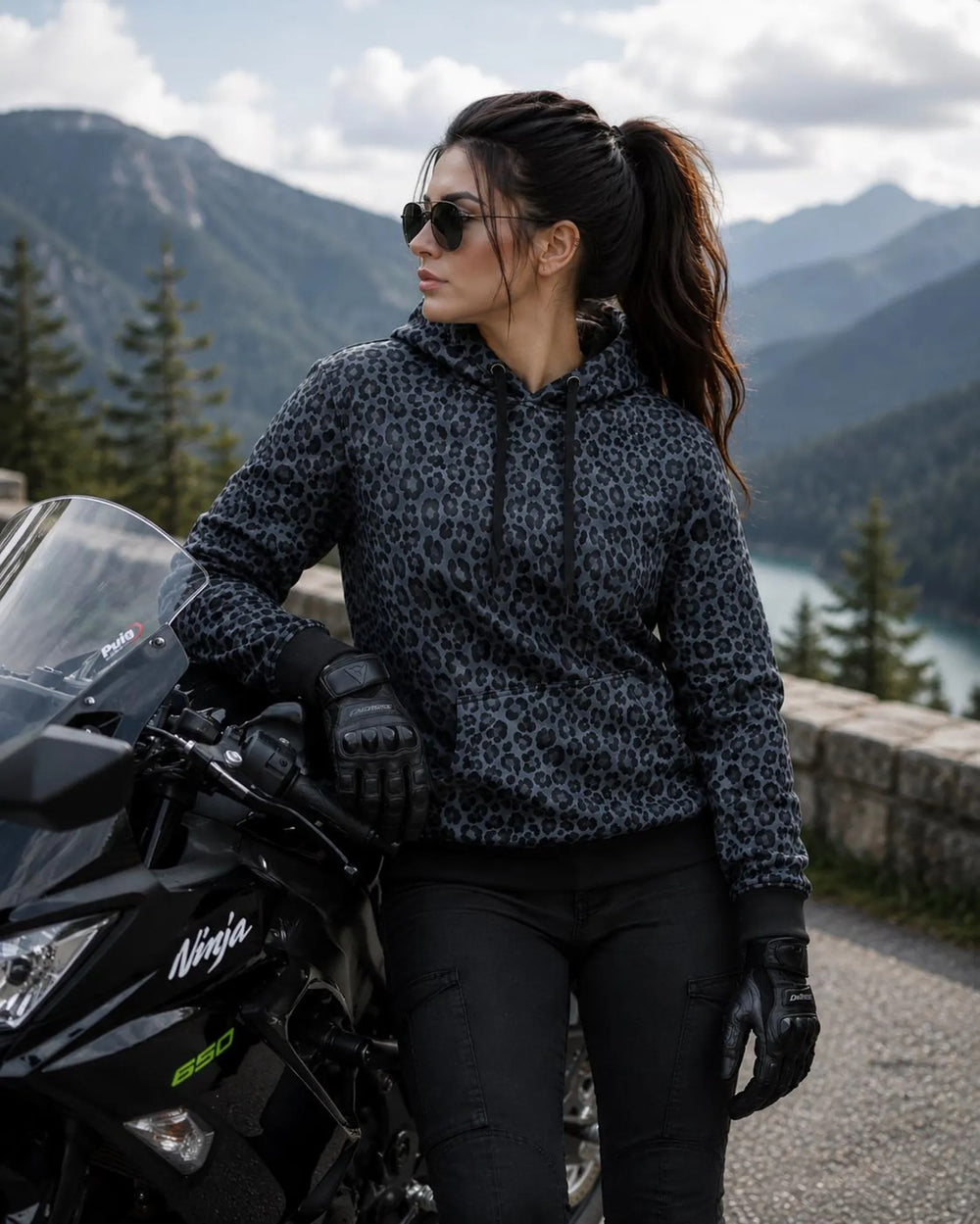 Women's Kevlar Motorcycle Hoodie in Black with Leopard Print