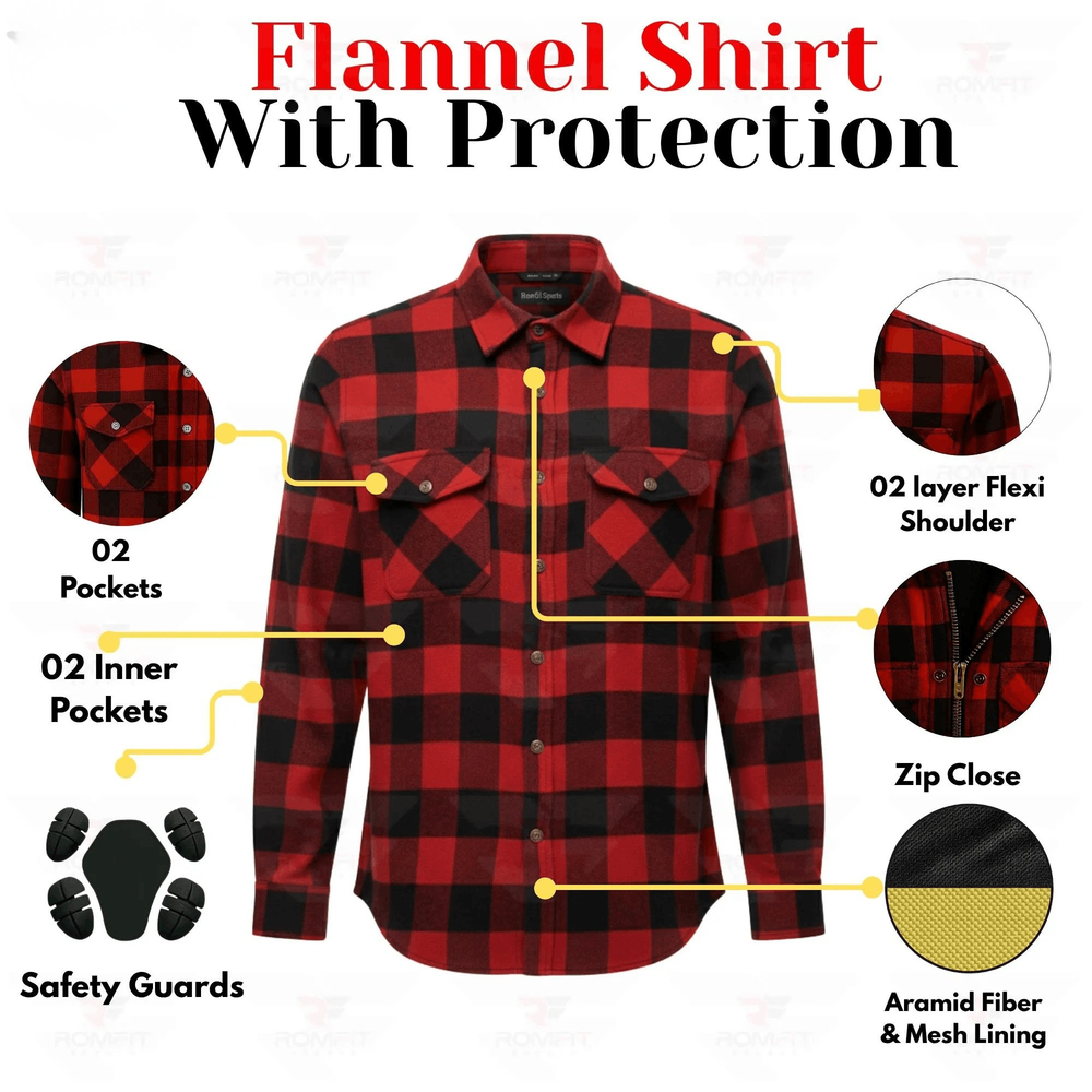 Men's Kevlar-Lined Flannel Motorcycle Riding Shirt in Red with Armor