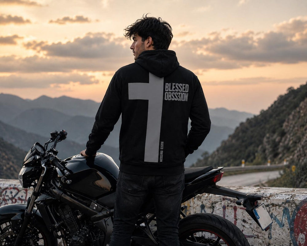 Men's Kevlar Motorcycle Hoodie in Black with Blessed Obsession Reflective