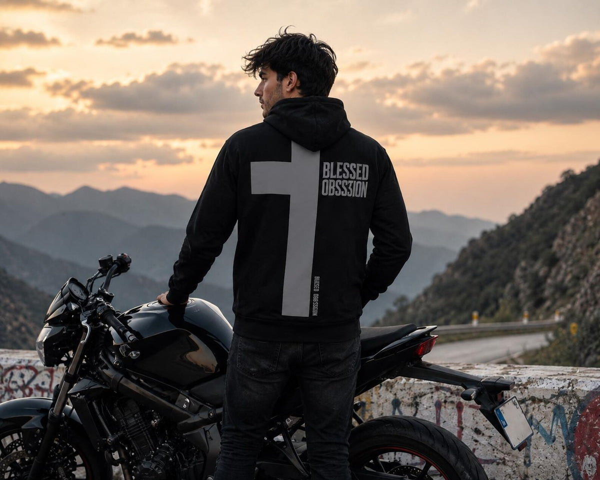 Men's Kevlar Motorcycle Hoodie in Black with Blessed Obsession Reflective