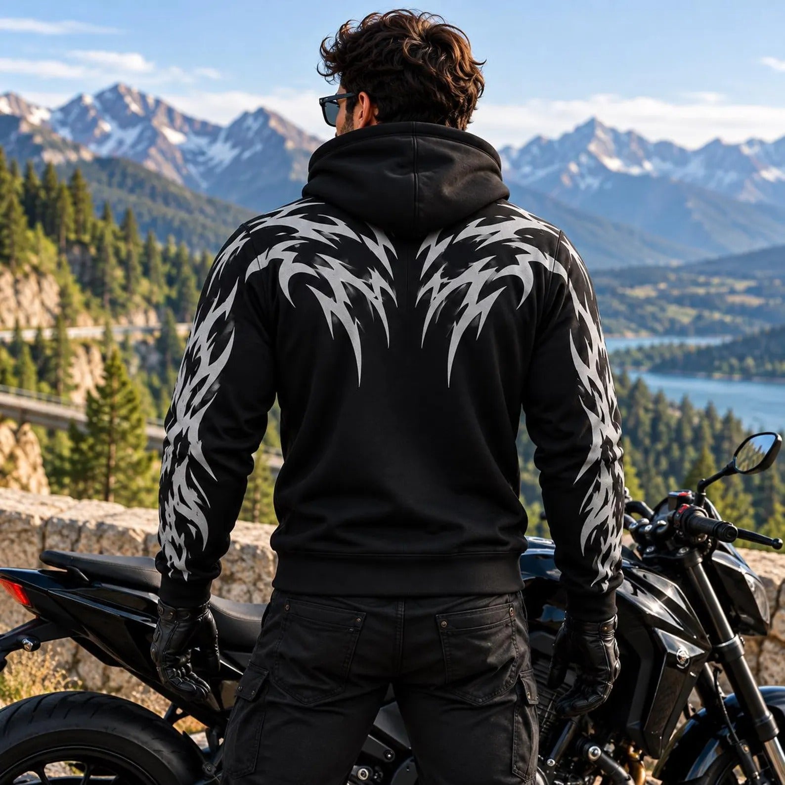 Tribal Predator Armored Motorcycle Hoodie with Reflective Silver Wing Pattern