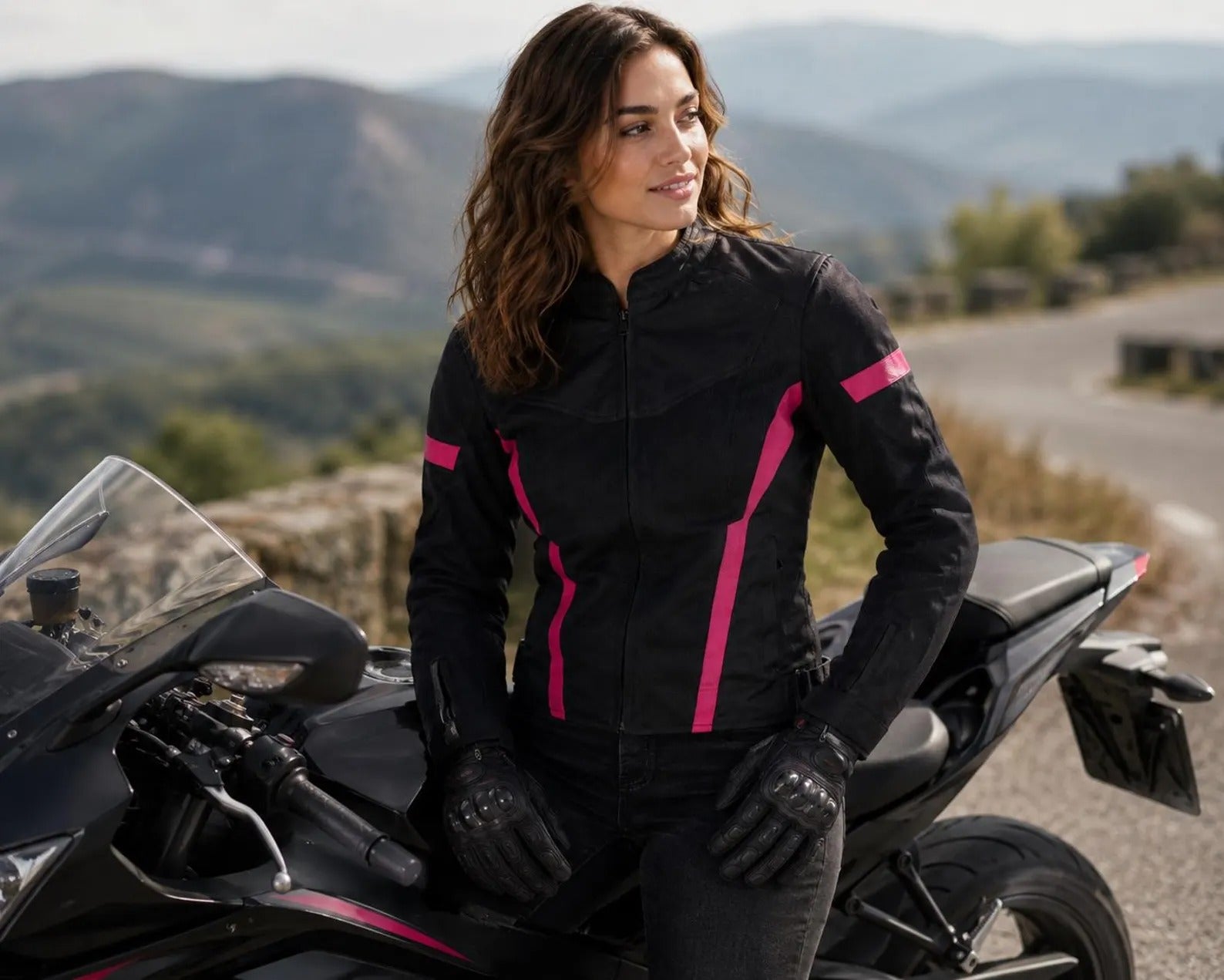 Women's Armored Motorcycle Mesh Jacket in Black & Pink with CE Level 2 Armor