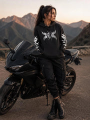 Women's Kevlar-Lined Motorbike Hoodie in Black with Tribal Butterfly Print