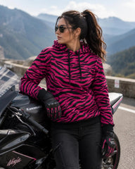 Women's Kevlar-Lined Motorcycle Hoodie in Pink &amp; Black Zebra Print