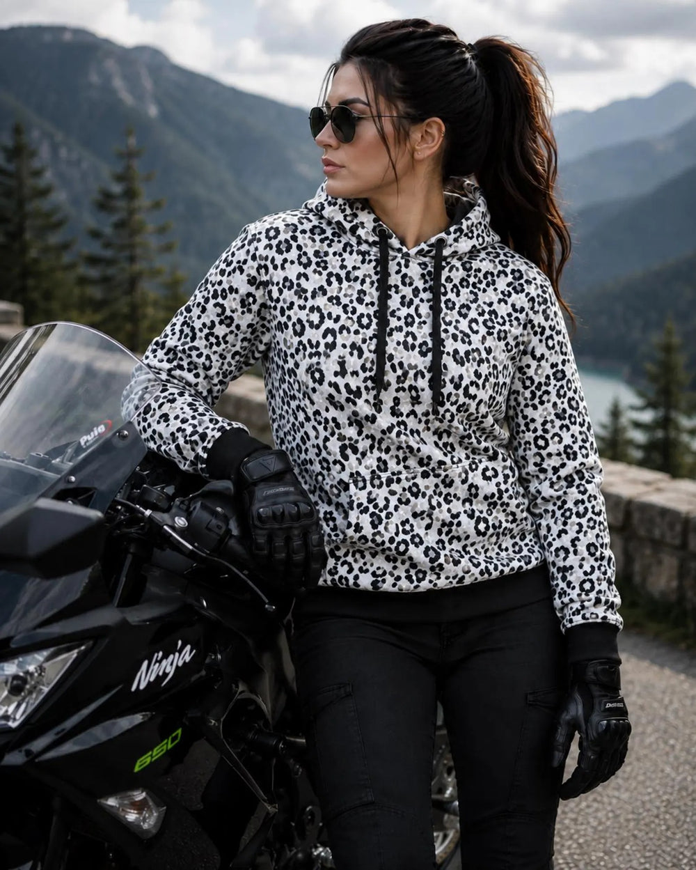 Women's Kevlar Motorcycle Hoodie in White with Leopard Print