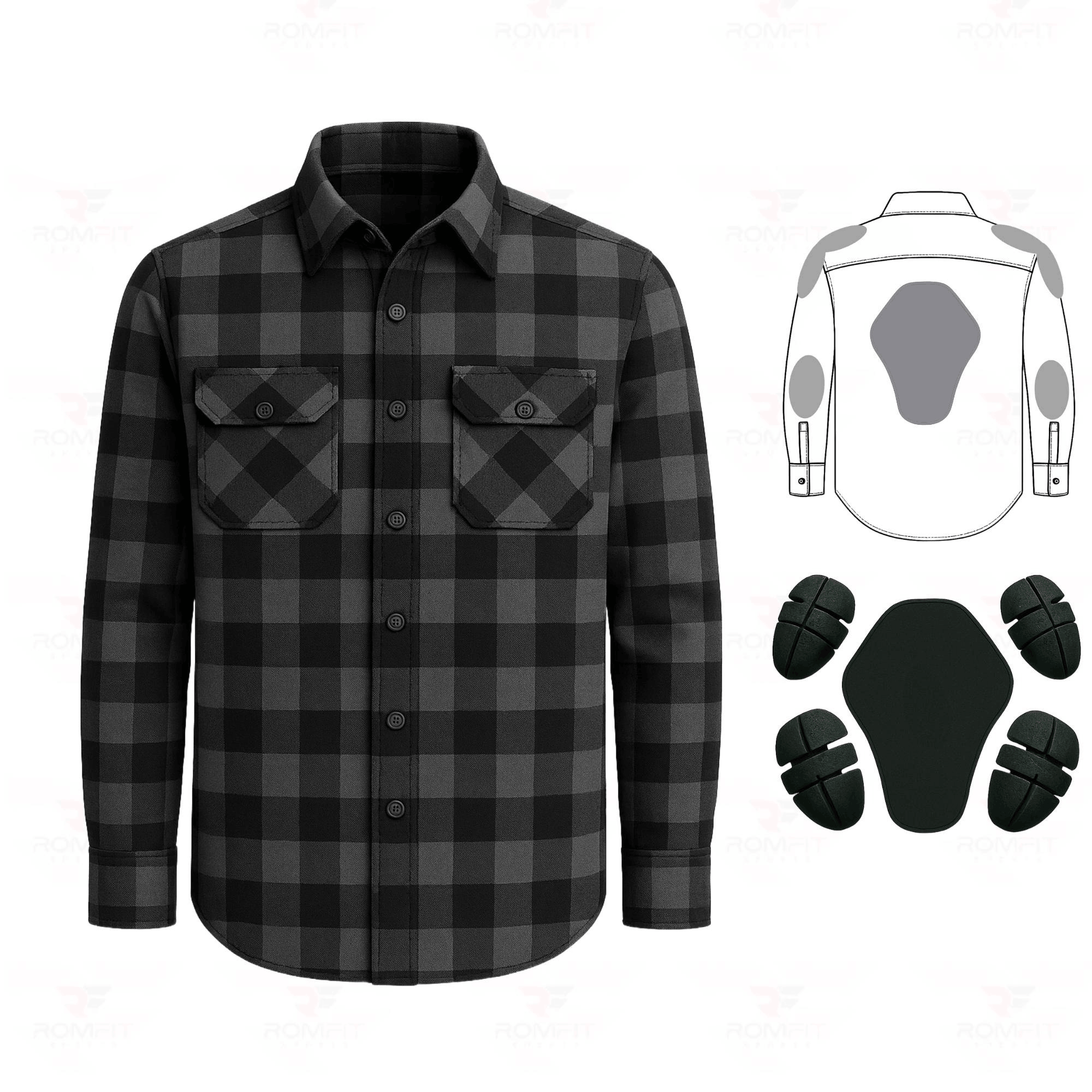 Men's Kevlar Lined Flannel Motorcycle Riding Shirt in Black with Armor
