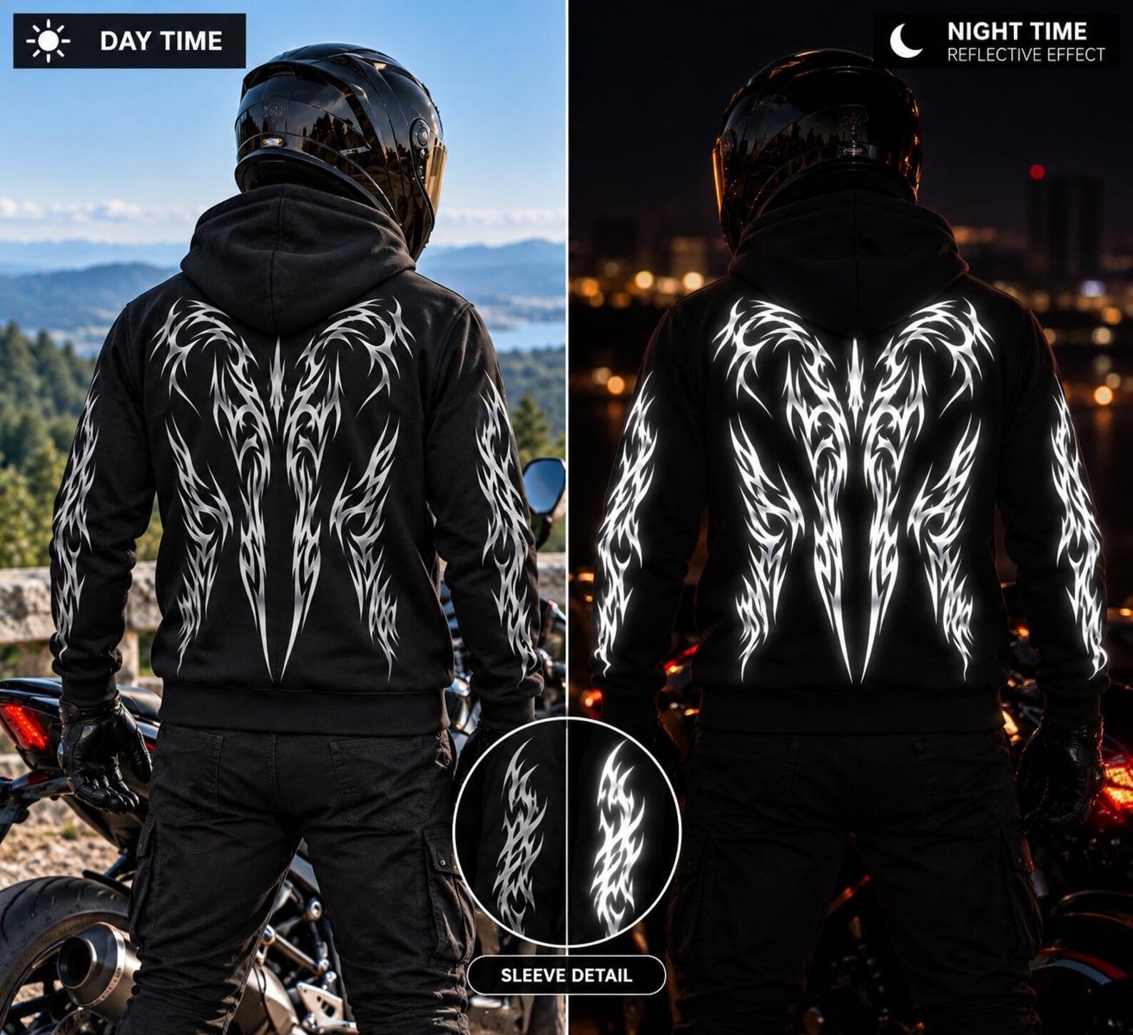 Armored Motorcycle Hoodie in Black with Reflective Tribal Wing Print