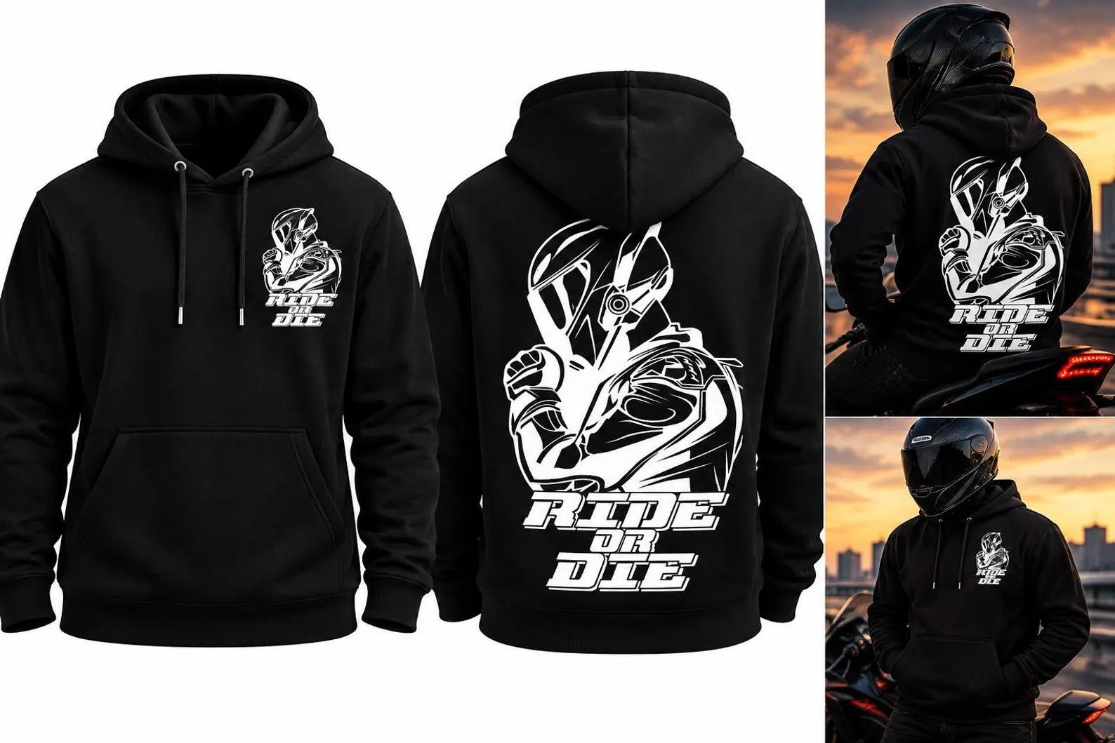 Armored Motorcycle Hoodie in Black with Ride or Die Reflective Print