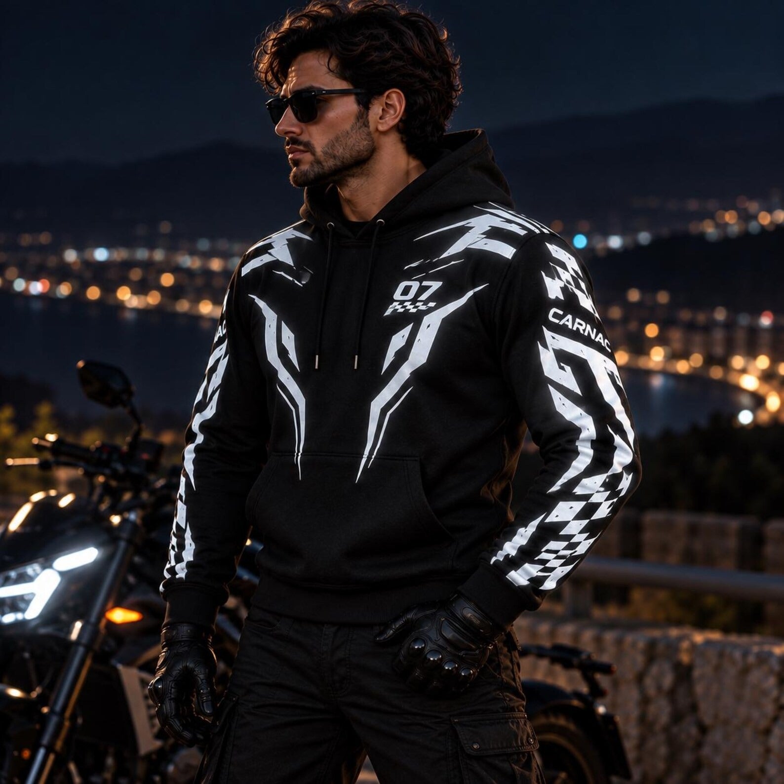 Armored Motorcycle Hoodie with Cyber Racing Reflective Silver Racing Pattern
