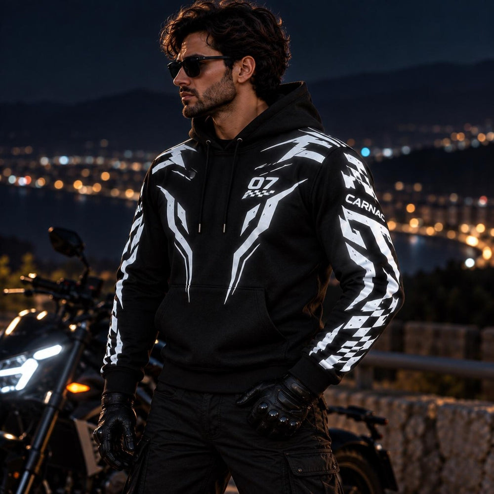Armored Motorcycle Hoodie with Cyber Racing Reflective Silver Racing Pattern