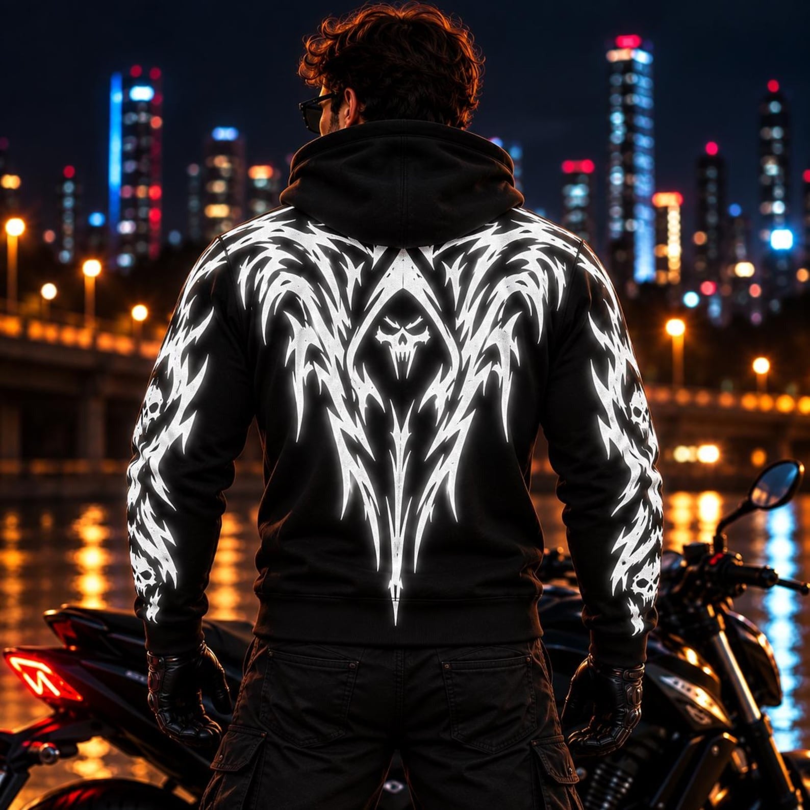 Armored Motorcycle Hoodie with Night Reaper Reflective Silver Skull Pattern