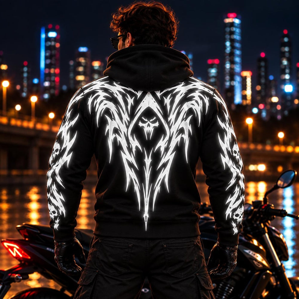 Armored Motorcycle Hoodie with Night Reaper Reflective Silver Skull Pattern