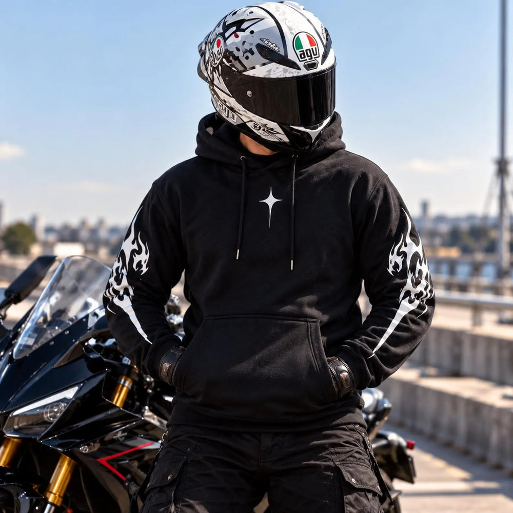 Armored Motorcycle Hoodie with Reflective Tribal Vortex Print, CE Level 2