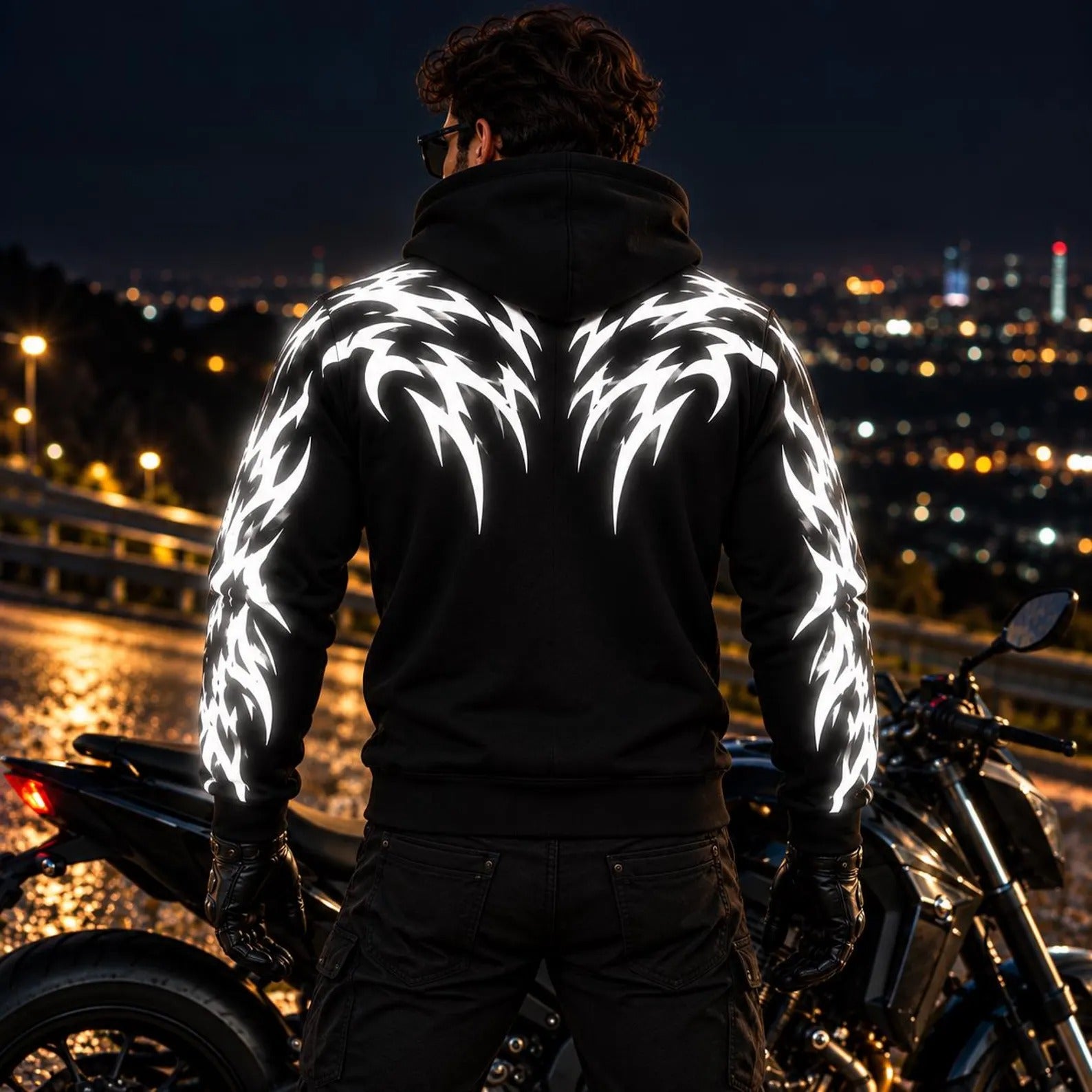 Tribal Predator Armored Motorcycle Hoodie with Reflective Silver Wing Pattern