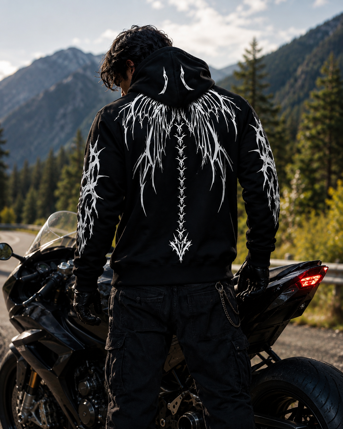 Armored Motorcycle Hoodie with Reflective Dragon Wings Print