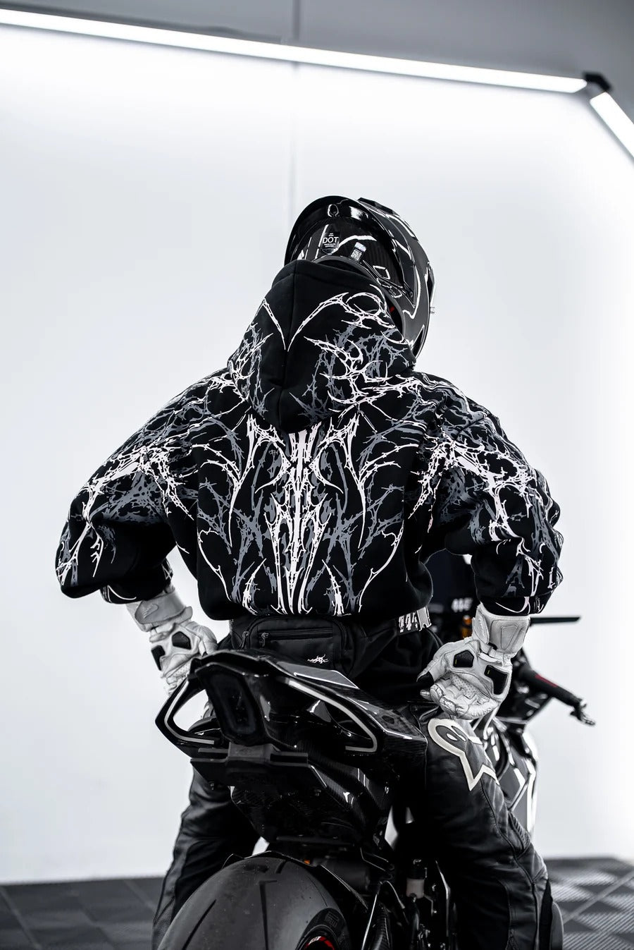 CE Level 2 Armored Reflective Motorcycle Hoodie in Black with White Thorn Print