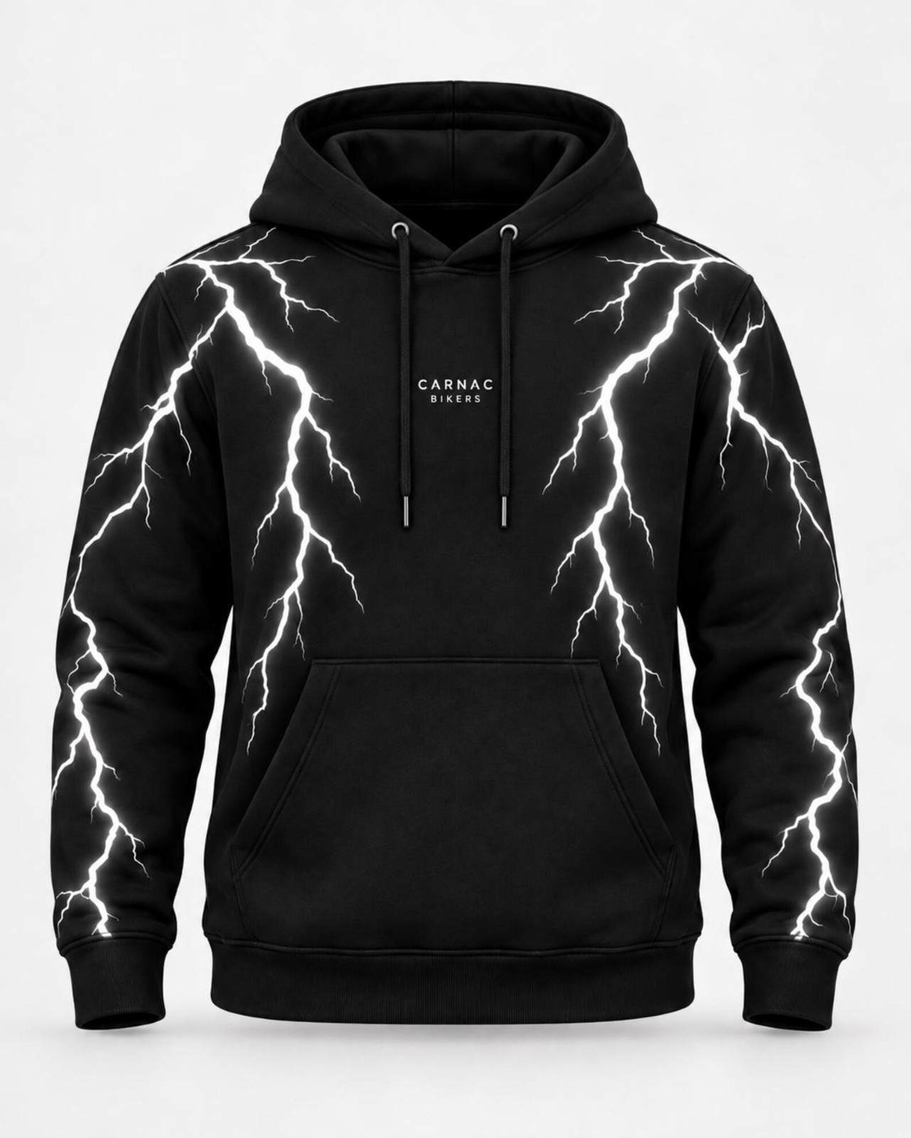A black pullover hoodie with white lightning bolt graphics running down the front and down both sleeves, featuring a small white 'CARNAC BIRCHAM' logo on the chest. The hoodie has black drawstrings and a front kangaroo pocket, shown against a light gray background.