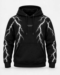 A black pullover hoodie with white lightning bolt graphics running down the front and down both sleeves, featuring a small white 'CARNAC BIRCHAM' logo on the chest. The hoodie has black drawstrings and a front kangaroo pocket, shown against a light gray background.