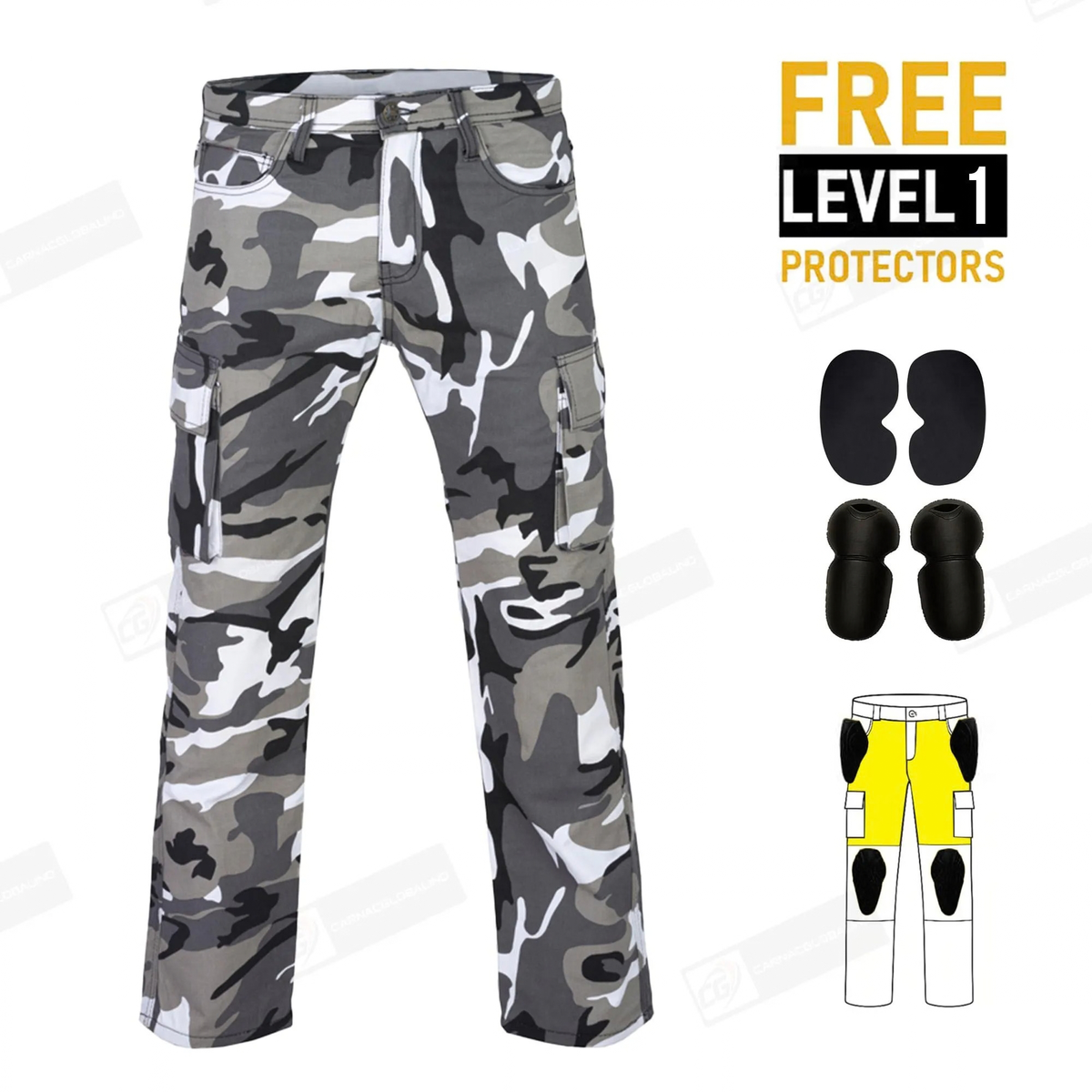 Kevlar-Lined Motorcycle Riding Pants in Camo Cargo with Level 1 Armored