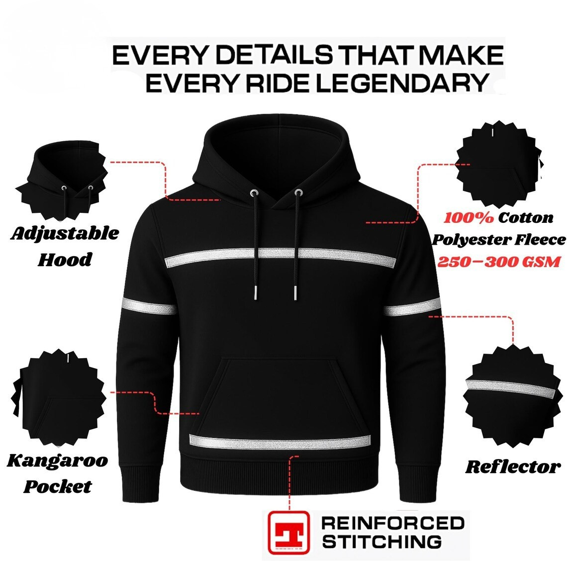 Kevlar Lined Pullover Motorcycle Hoodie in Black with Reflective Stripes