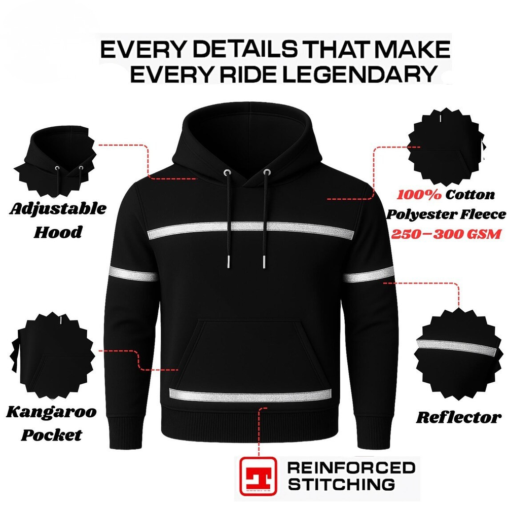 Kevlar Lined Pullover Motorcycle Hoodie in Black with Reflective Stripes
