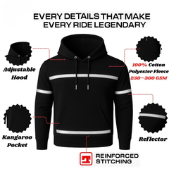 Kevlar Lined Pullover Motorcycle Hoodie in Black with Reflective Stripes