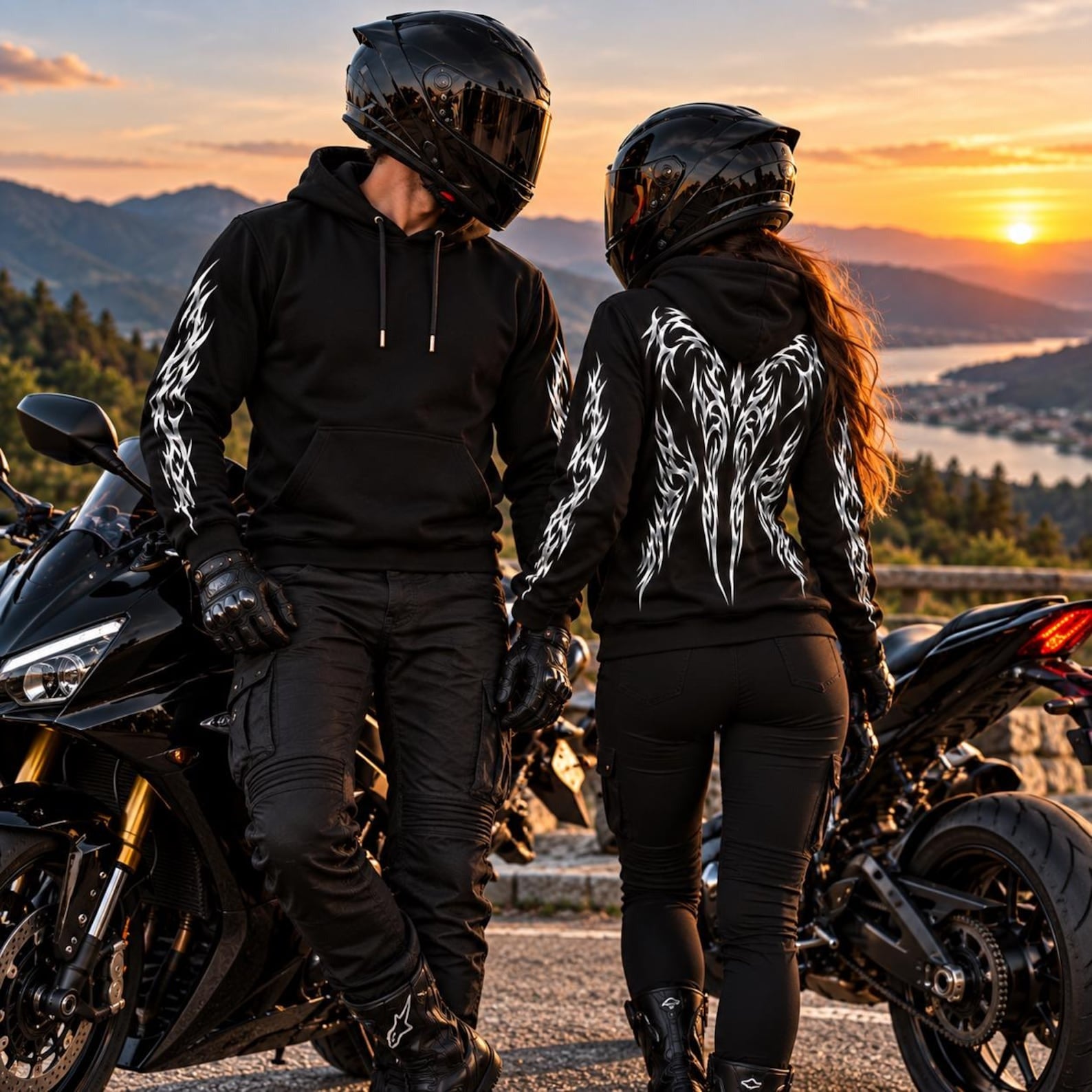 Armored Motorcycle Hoodie in Black with Reflective Tribal Wing Print