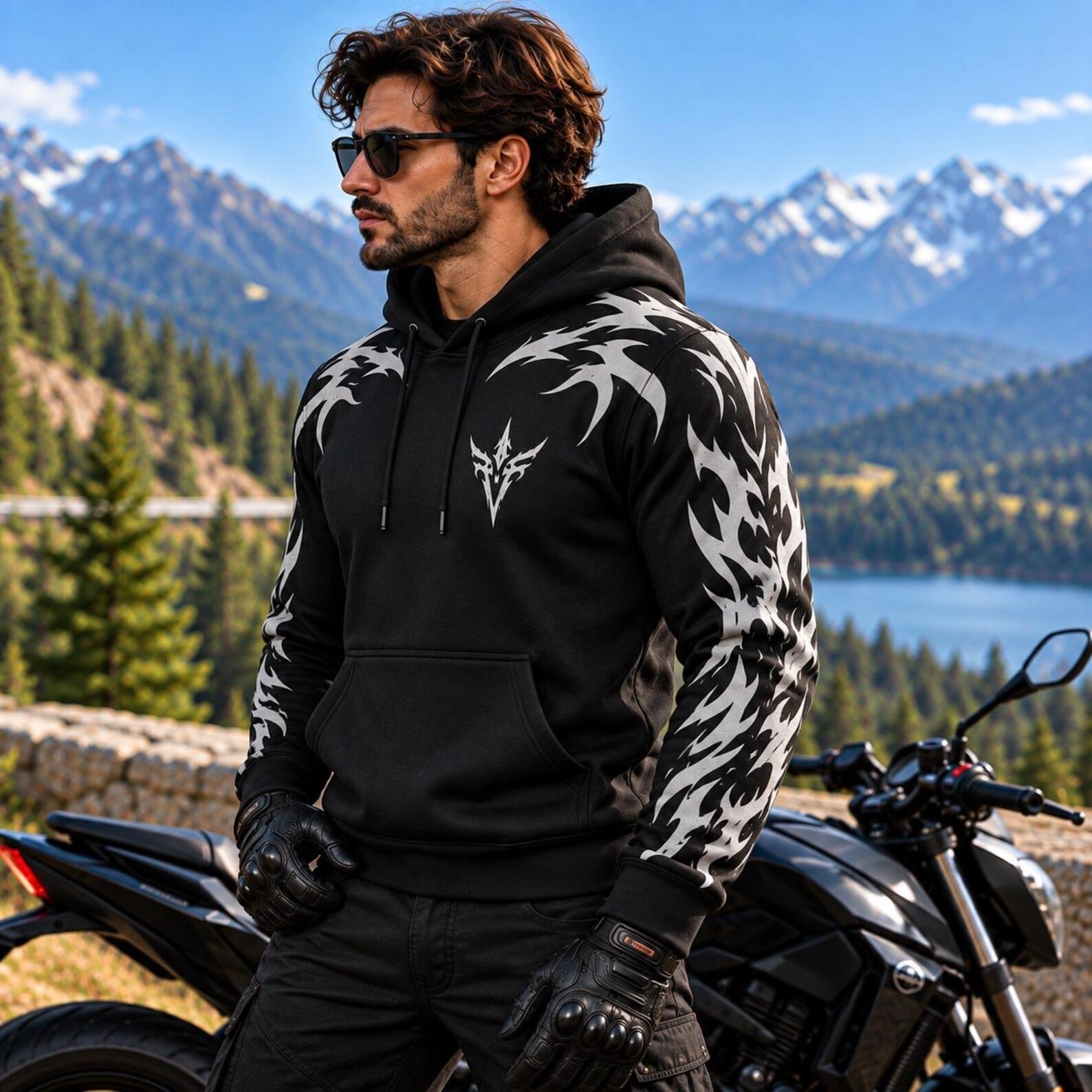 Armored Motorcycle Hoodie Demon Spine Reflective Silver Tribal Pattern