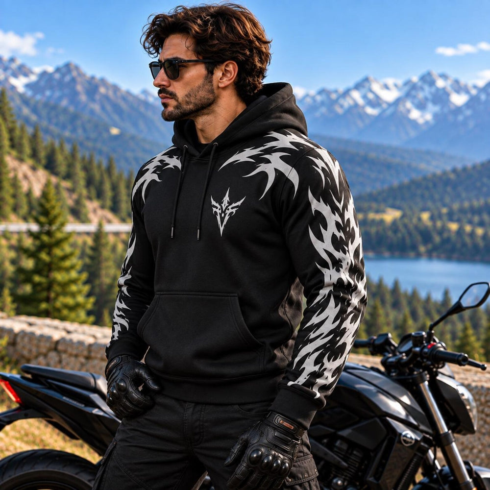Armored Motorcycle Hoodie Demon Spine Reflective Silver Tribal Pattern