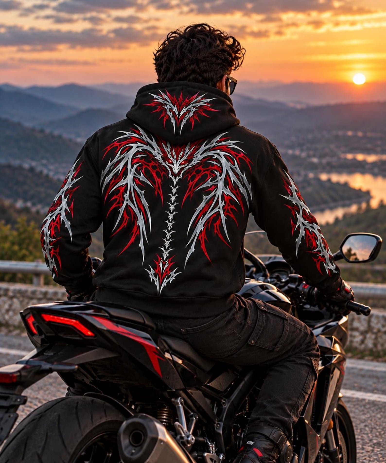 CE Level 2 Armored Motorcycle  Reflective Hoodie with Red Gothic Dragon Wing Print