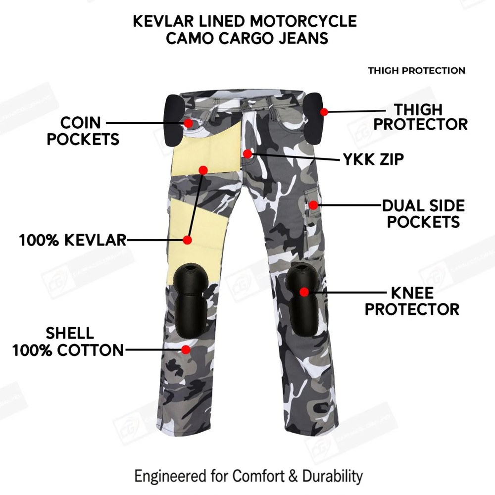 Kevlar-Lined Motorcycle Riding Pants in Camo Cargo with Level 1 Armored