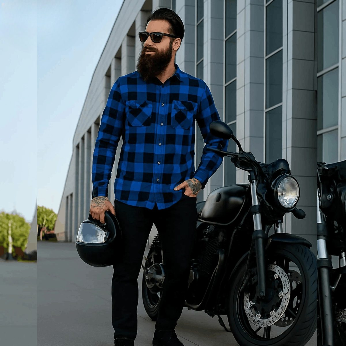 Men's Kevlar-Lined Flannel Motorcycle Riding Shirt in Blue with Armor
