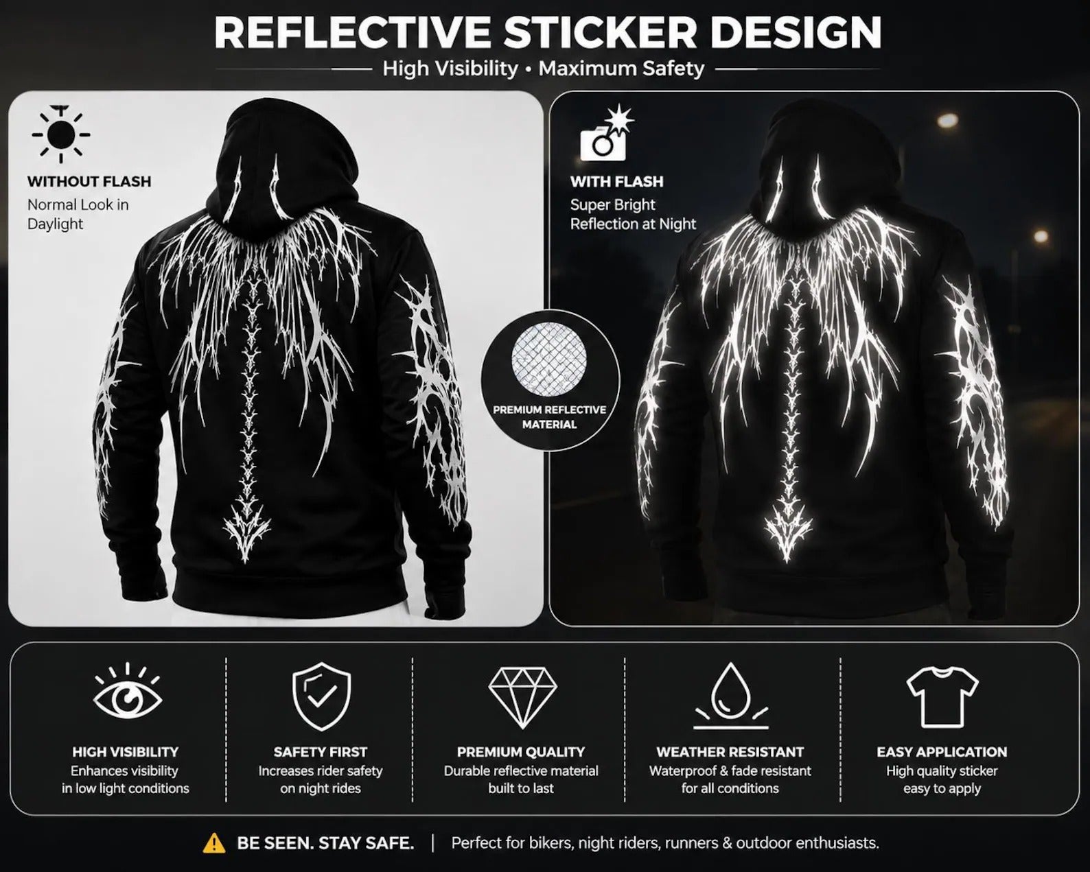 Men's Kevlar Motorcycle Hoodie in Black Dragon Wings Reflective