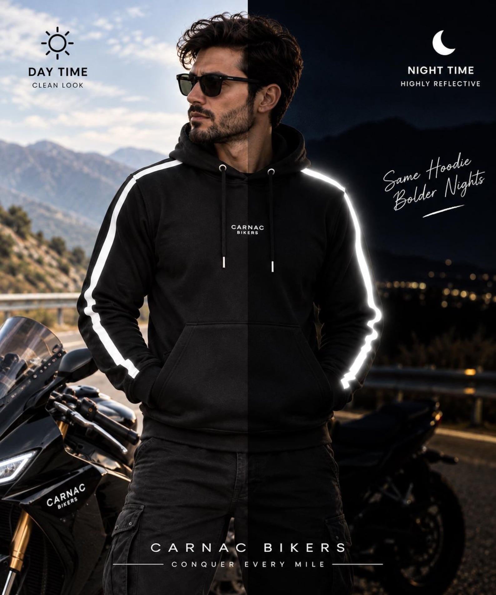 Aramid Lined Motorcycle Armored Hoodie in Black with Reflective Racing Stripes
