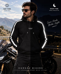 Aramid Lined Motorcycle Armored Hoodie in Black with Reflective Racing Stripes