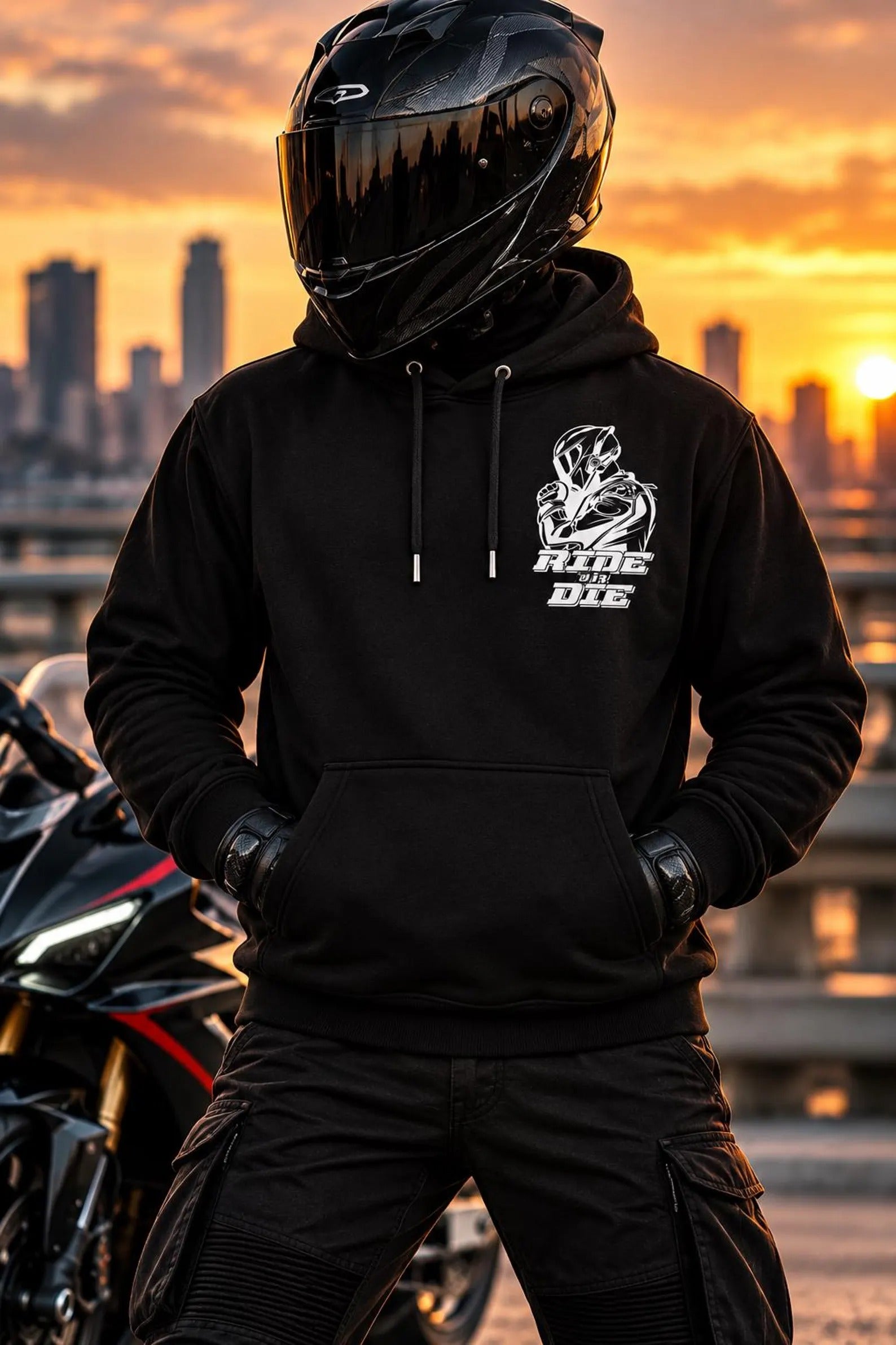 Armored Motorcycle Hoodie in Black with Ride or Die Reflective Print