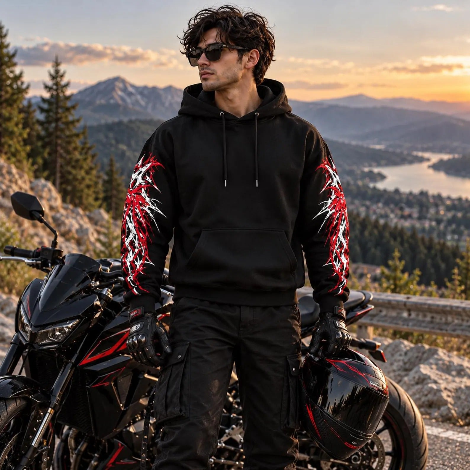 Armored Motorcycle Hoodie in Red & Gray Gothic Wing Print with CE Level 2 Protection