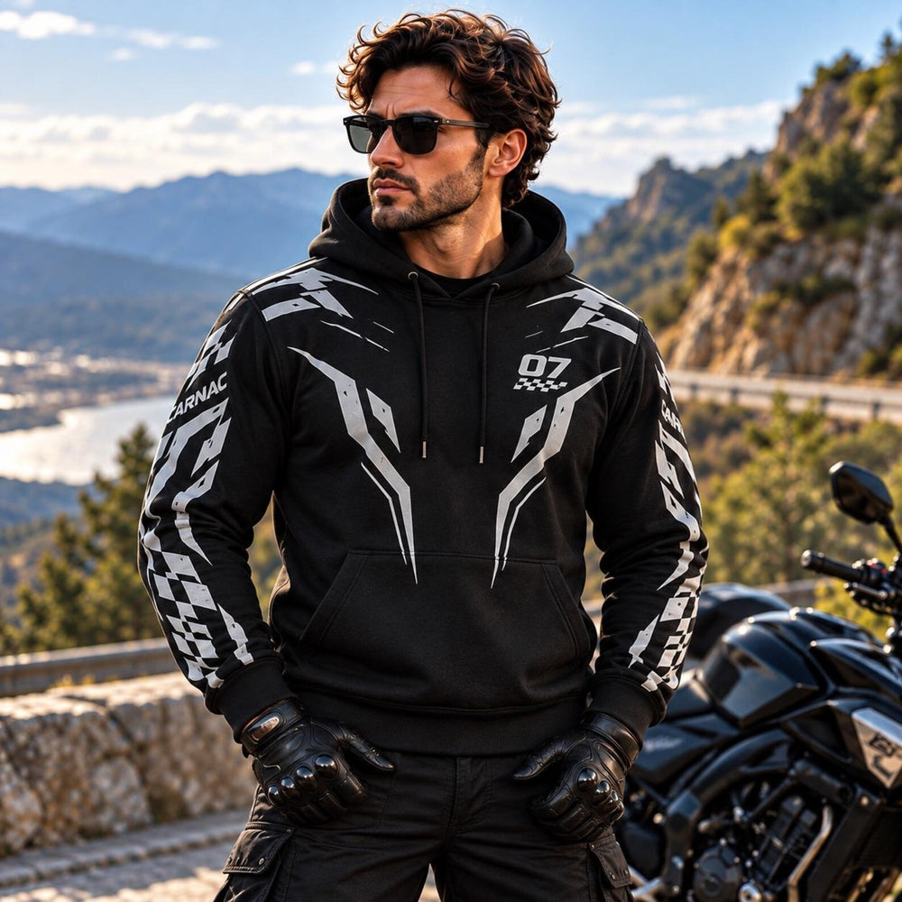 Armored Motorcycle Hoodie with Cyber Racing Reflective Silver Racing Pattern
