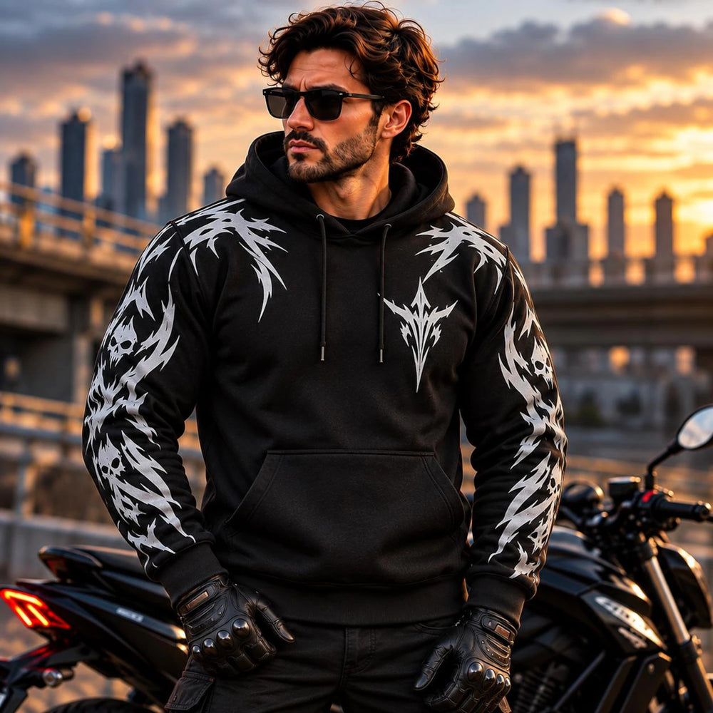Armored Motorcycle Hoodie with Night Reaper Reflective Silver Skull Pattern