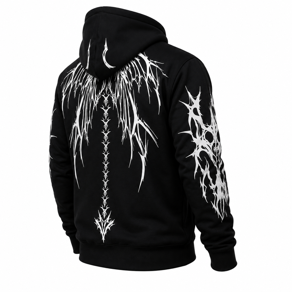 Armored Motorcycle Hoodie with Reflective Dragon Wings Print