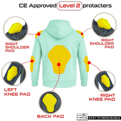 2. CE-Armored Kevlar Motorcycle Hoodie in Mint Green with Protective Pads