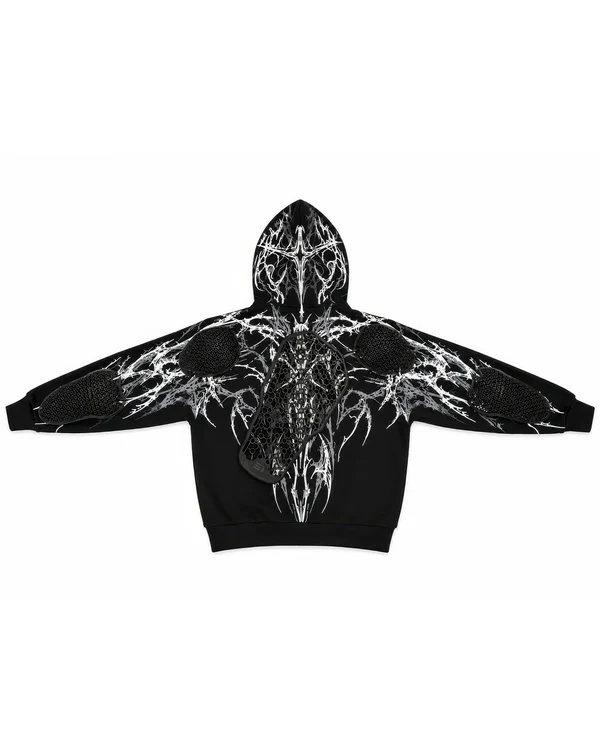 CE Level 2 Armored Reflective Motorcycle Hoodie in Black with White Thorn Print